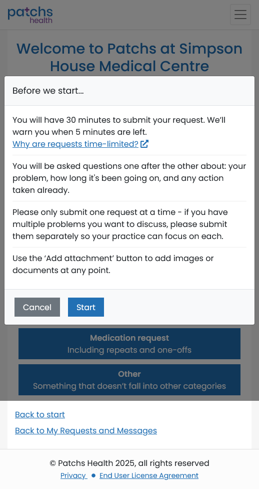 PATCHs Initial Page - Requests and Messages